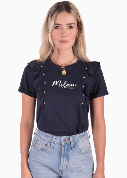 Camiseta con perlas y boleros en mangas color azul para mujer - Flashy