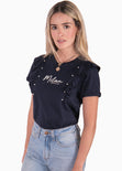 Camiseta con perlas y boleros en mangas color azul para mujer - Flashy