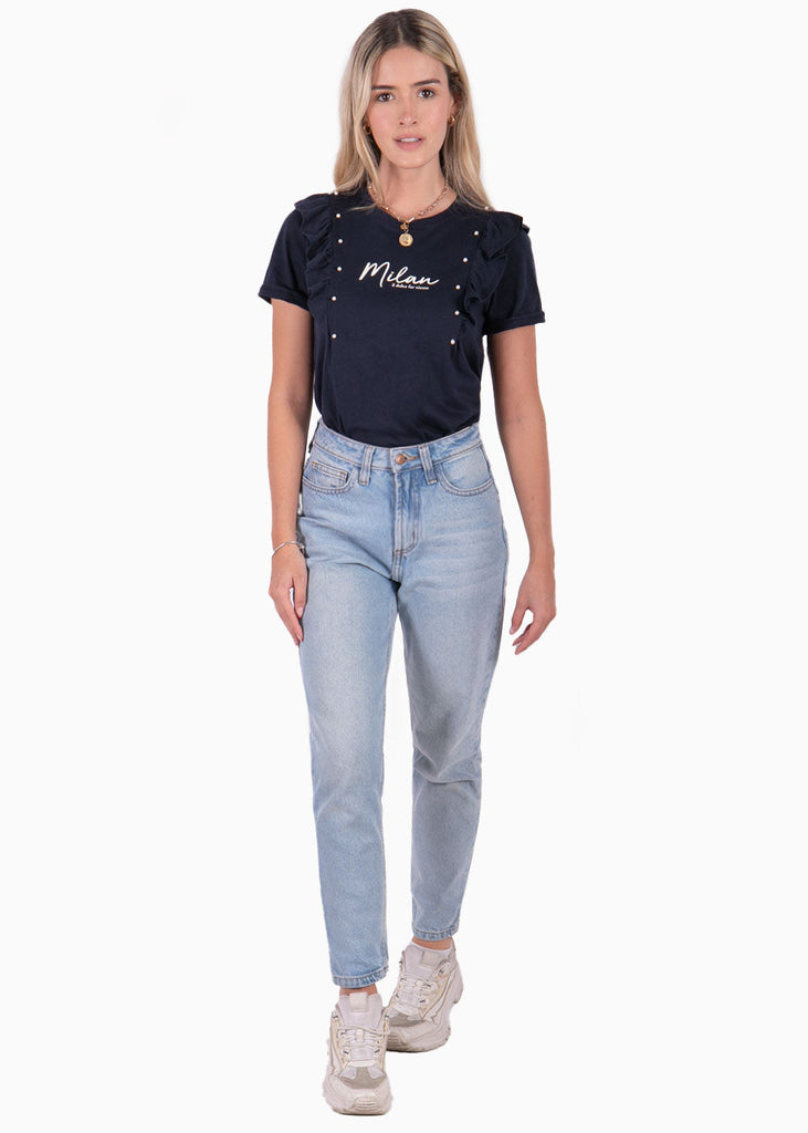 Camiseta con perlas y boleros en mangas color azul para mujer - Flashy
