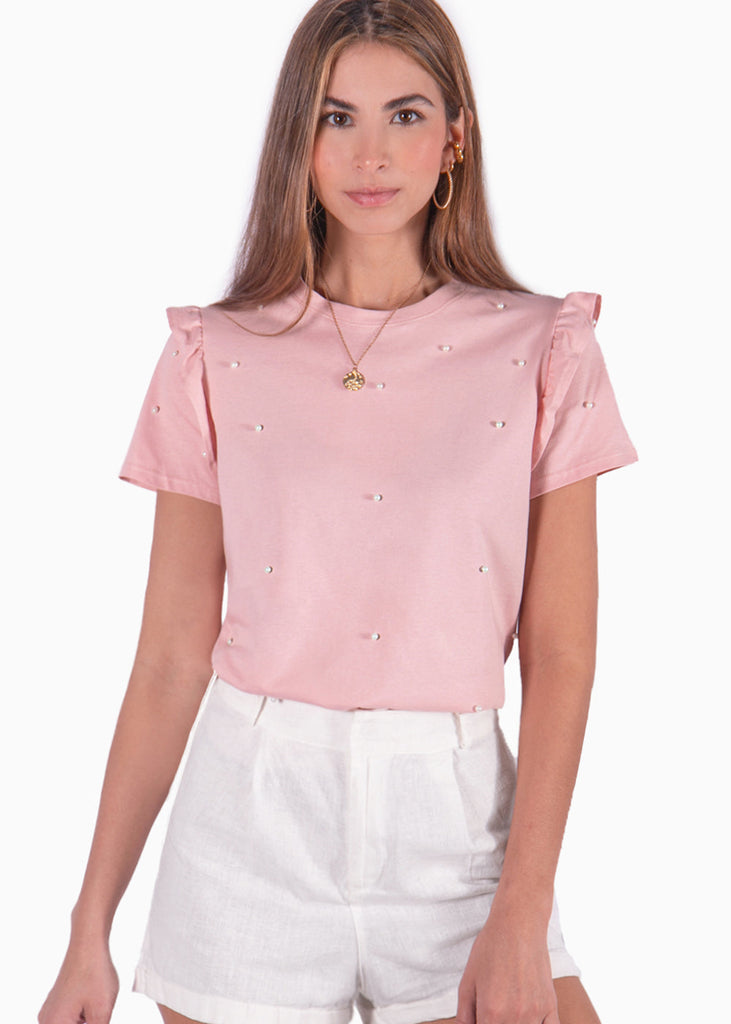 Camiseta con perlas y boleros en mangas color rosado para mujer - Flashy