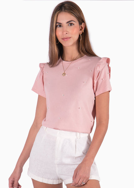 Camiseta con perlas y boleros en mangas color rosado para mujer - Flashy