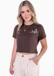 Camiseta corta con bordado de mariposa color café para mujer - Flashy