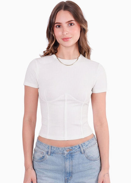 Camiseta corta con corte tipo corset - CRISANTEMO.MARFIL