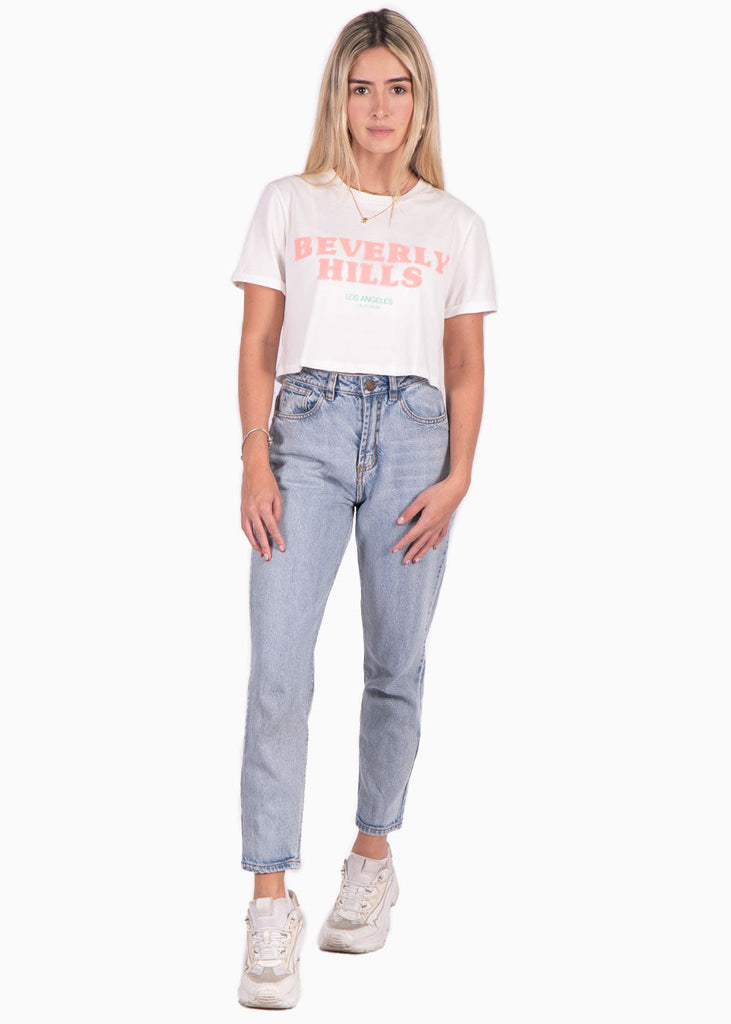 Camiseta corta con estampado "Beverly hills" color blanco para mujer - Flashy
