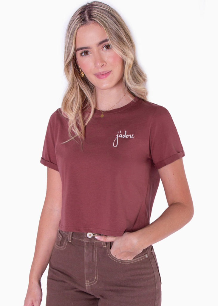 Camiseta corta con estampado bordado "J'adore" color terracota para mujer - Flashy