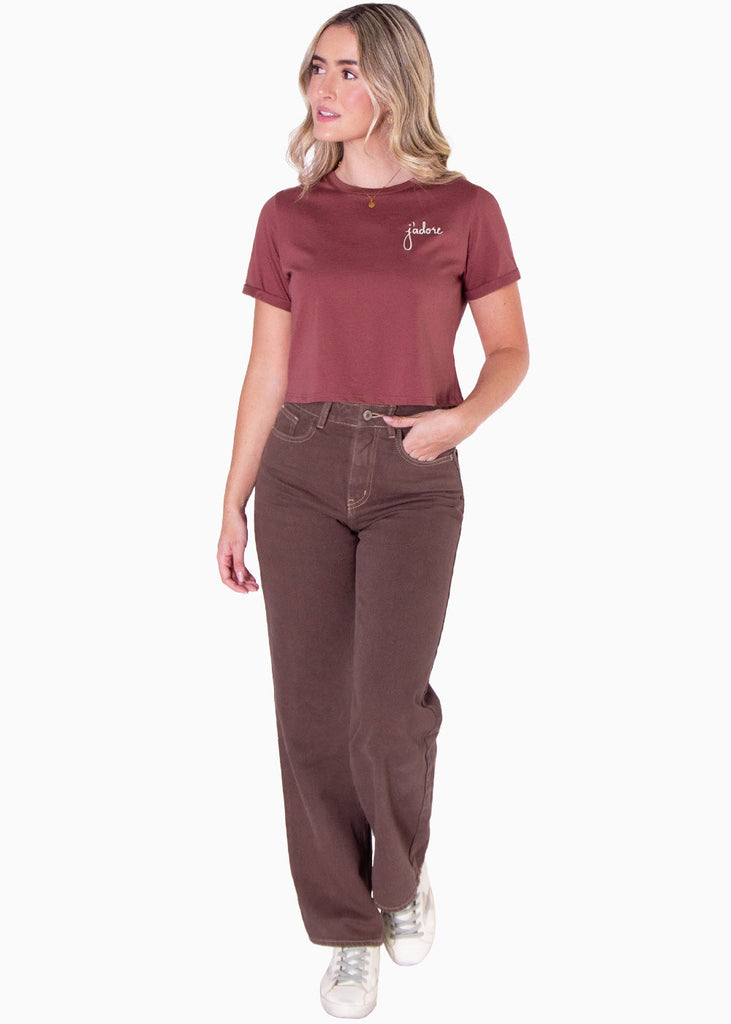 Camiseta corta con estampado bordado "J'adore" color terracota para mujer - Flashy