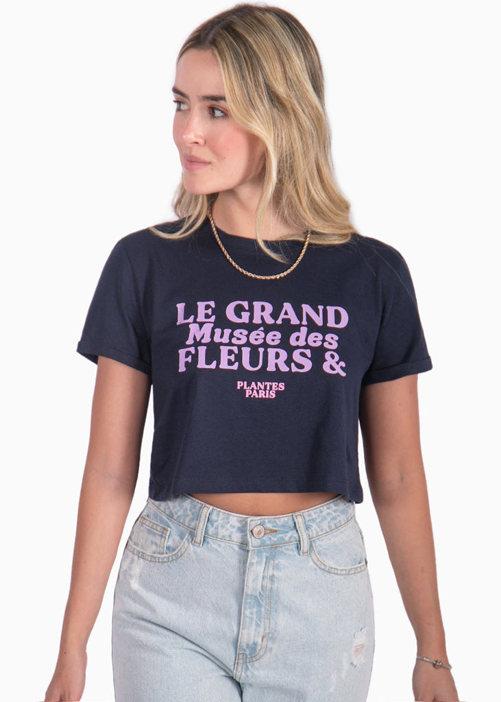 Camiseta corta con estampado de "Le grand museé des fleurs & plants" color azul para mujer - Flashy