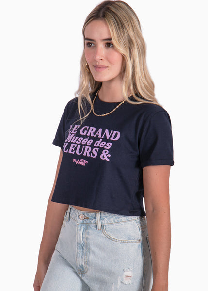 Camiseta corta con estampado de "Le grand museé des fleurs & plants" color azul para mujer - Flashy