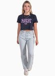 Camiseta corta con estampado de "Le grand museé des fleurs & plants" color azul para mujer - Flashy