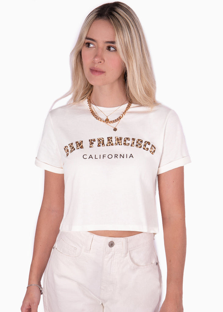 Camiseta corta con estampado de "San Francisco" en animal print color blanco para mujer - Flashy