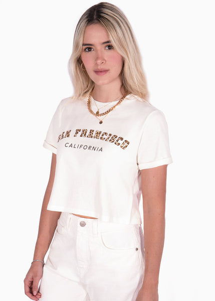 Camiseta corta con estampado de "San Francisco" en animal print color blanco para mujer - Flashy