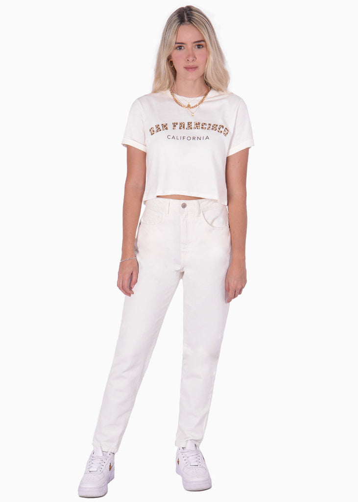 Camiseta corta con estampado de "San Francisco" en animal print color blanco para mujer - Flashy