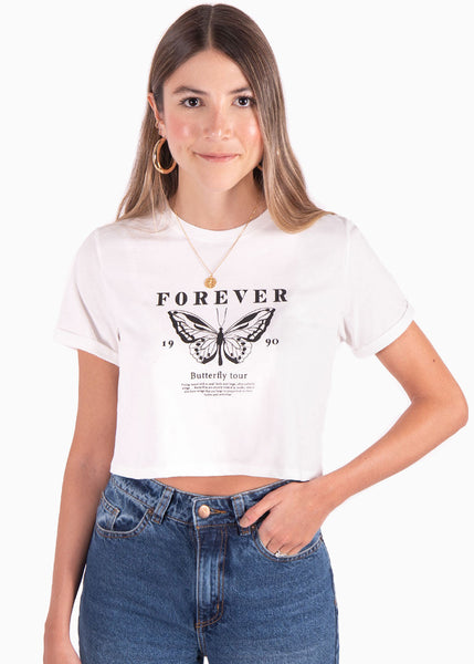 Camiseta corta con estampado "Forever" color blanco para mujer - Flashy