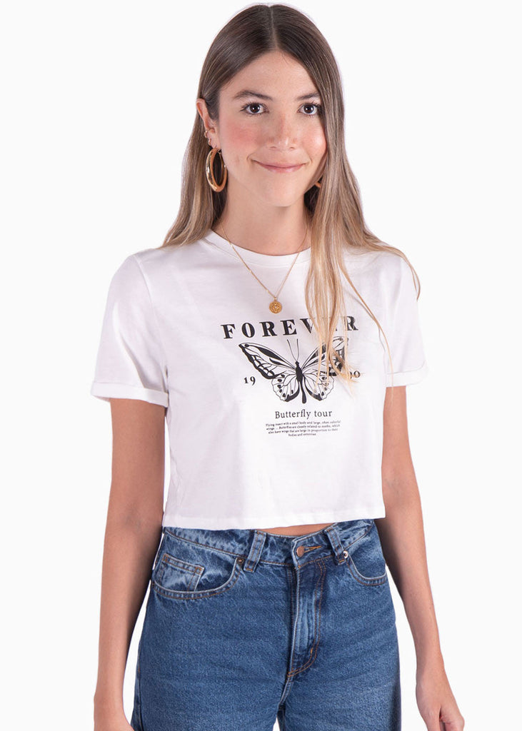 Camiseta corta con estampado "Forever" color blanco para mujer - Flashy