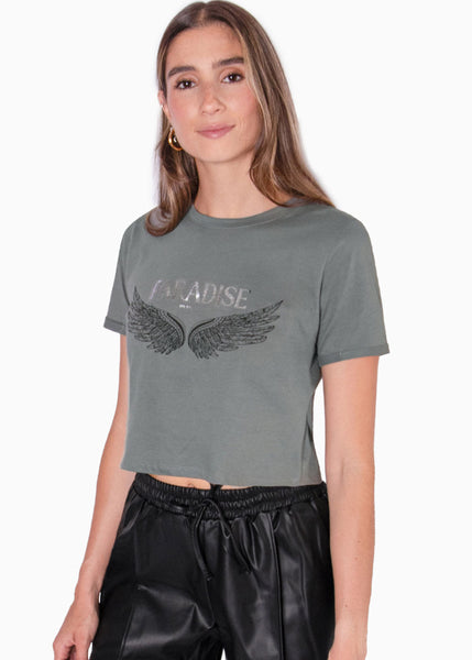 Camiseta corta con estampado "Paradise" y alas color gris para mujer - Flashy