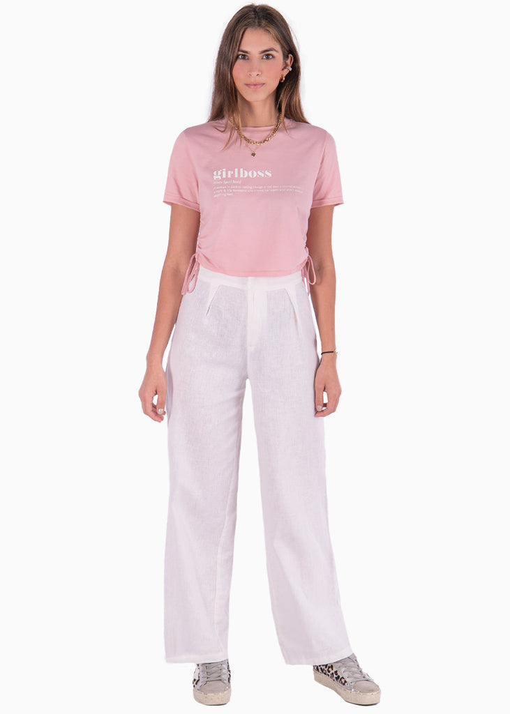 Camiseta corta con recogidos en costados y estampado "Girlboss" color rosado para mujer - Flashy
