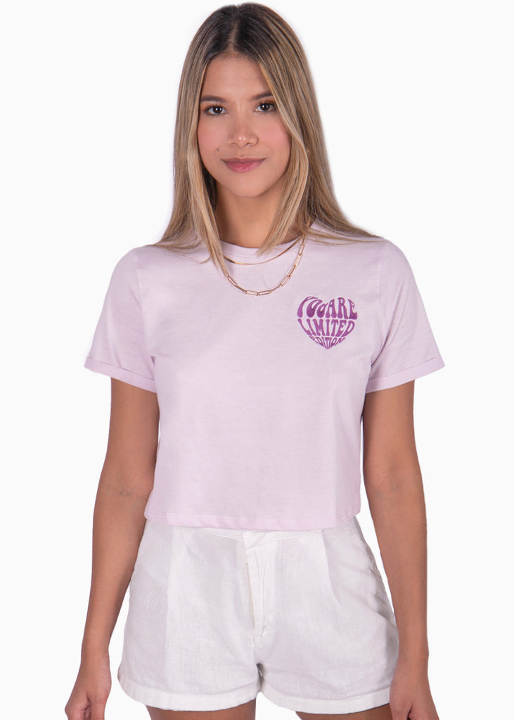 Camiseta corta cuello redondo con bordado color morado, lila para mujer - Flashy