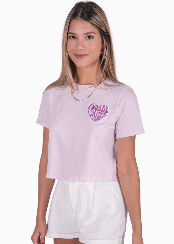 Camiseta corta cuello redondo con bordado color morado, lila para mujer - Flashy