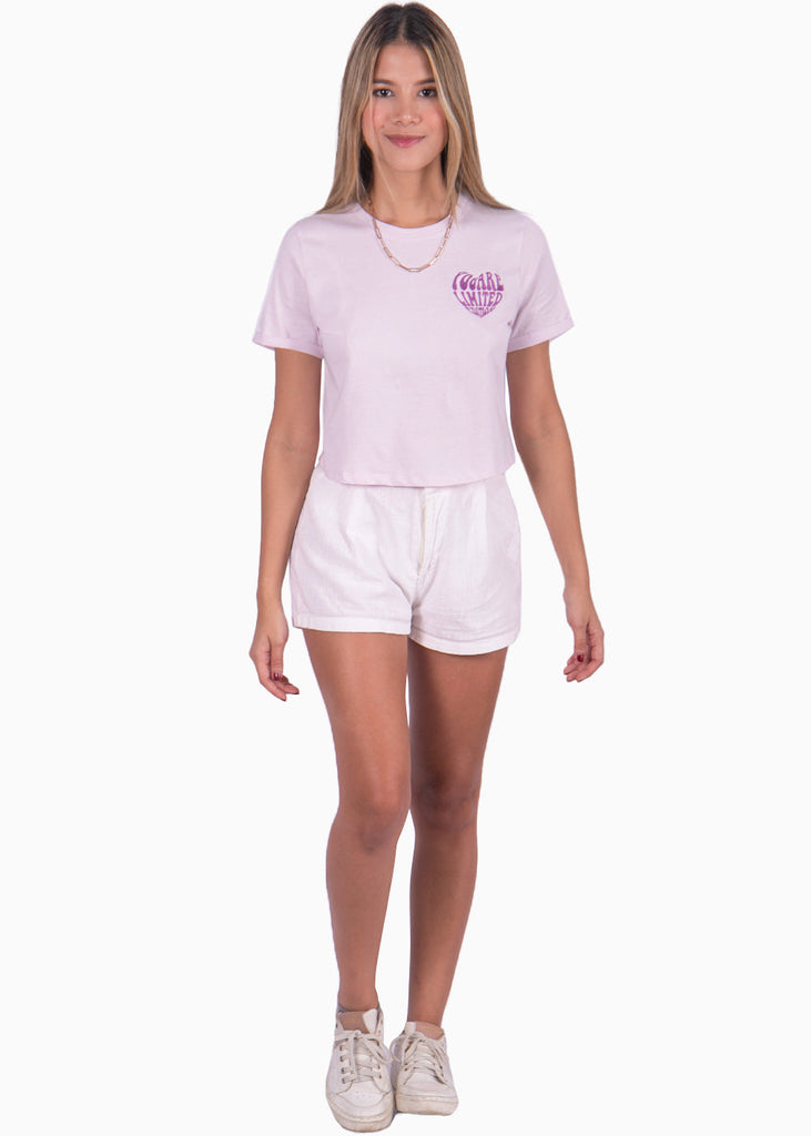Camiseta corta cuello redondo con bordado color morado, lila para mujer - Flashy