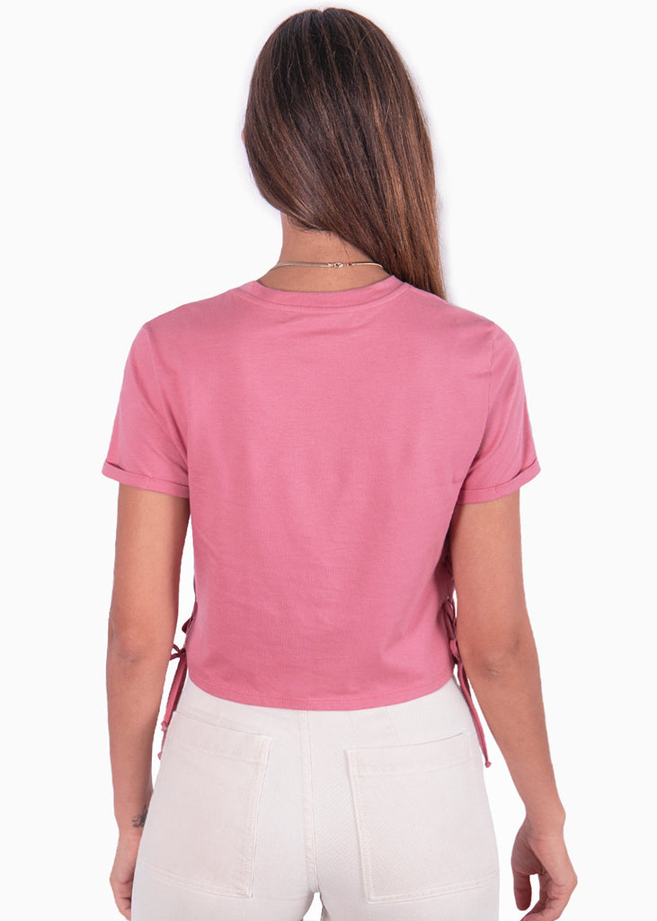 Camiseta corta de ojaletes con estampado de ying yang color rosado para mujer - Flashy