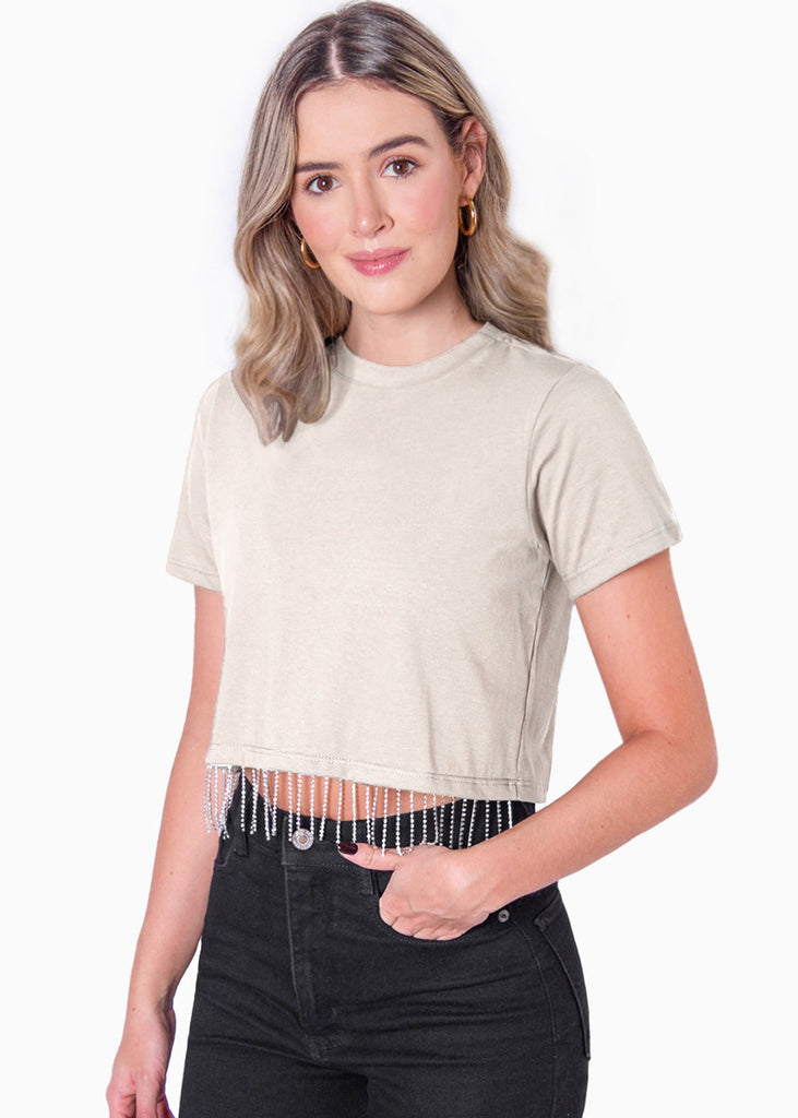 Camiseta crop con apliques de piedras brillantes color beige para mujer - Flashy