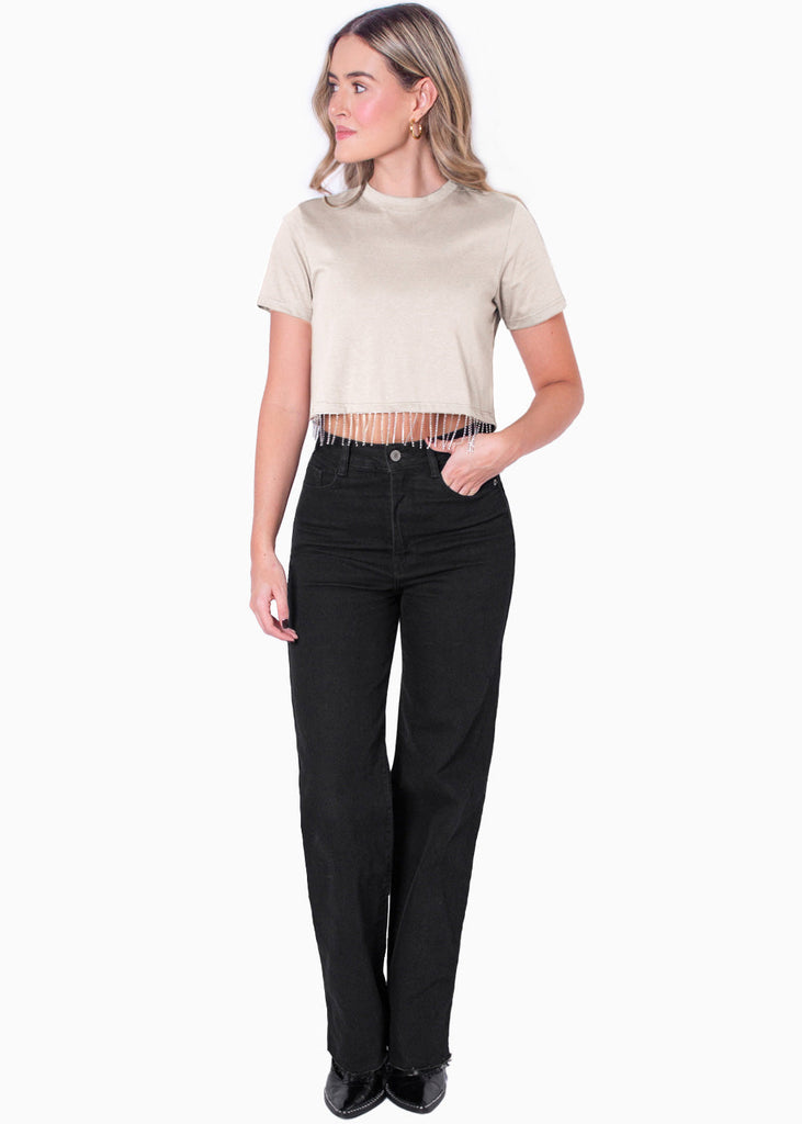 Camiseta crop con apliques de piedras brillantes color beige para mujer - Flashy