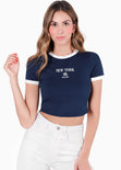 Camiseta crop con bordado, cuello y puños en contraste color azul para mujer - Flashy