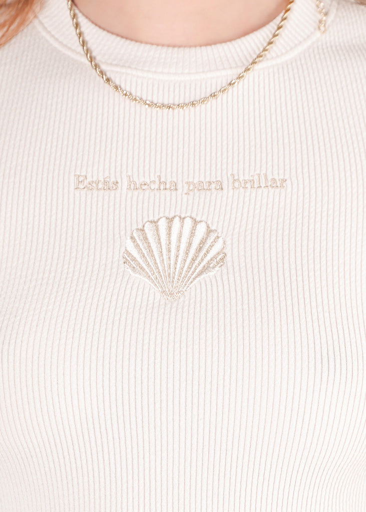 Camiseta crop con bordado "Estás hecha para brillar" color beige para mujer - Flashy