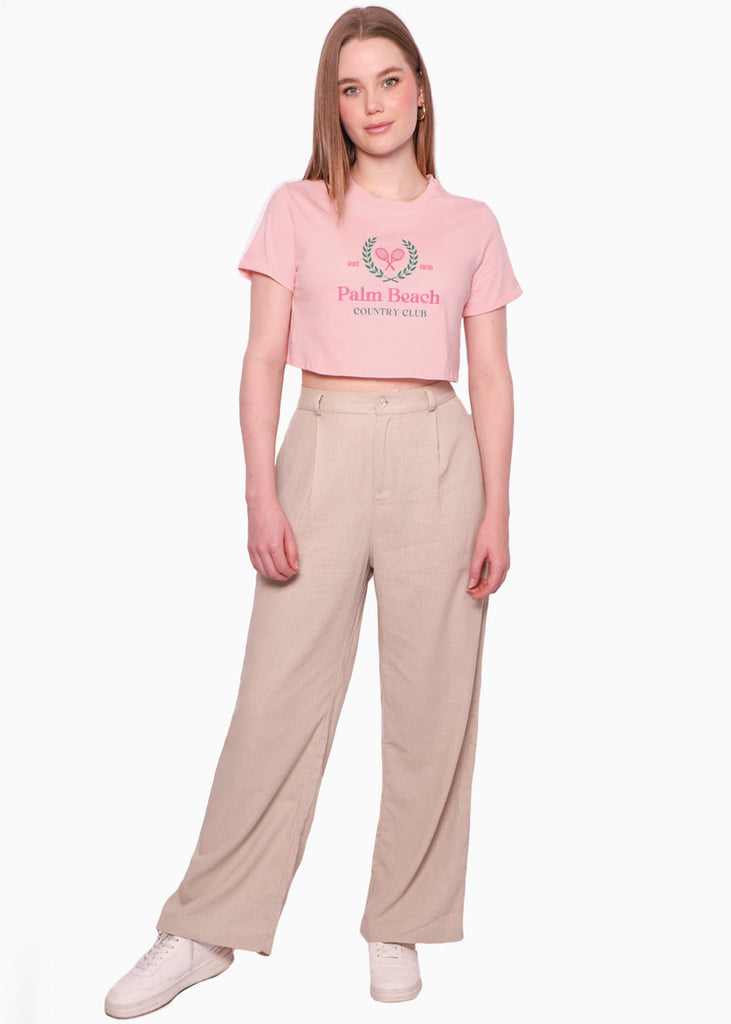 Camiseta crop con bordado "Palm Beach Country Club" color rosado para mujer - Flashy