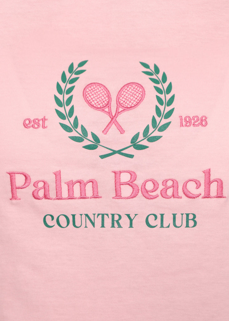 Camiseta crop con bordado "Palm Beach Country Club" color rosado para mujer - Flashy