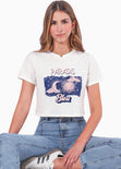 Camiseta crop con estampado "Paradis bleu" color blanco, marfil para mujer - Flashy