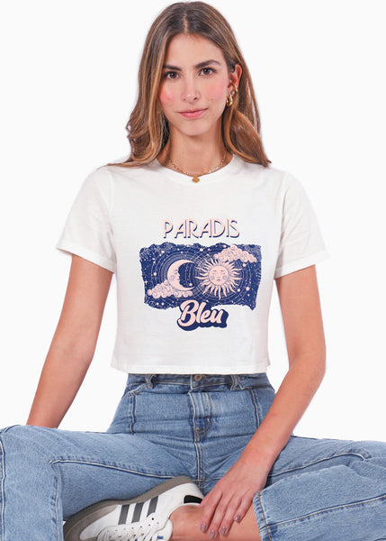 Camiseta crop con estampado "Paradis bleu" color blanco, marfil para mujer - Flashy