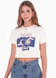 Camiseta crop con estampado "Paradis bleu" color blanco, marfil para mujer - Flashy