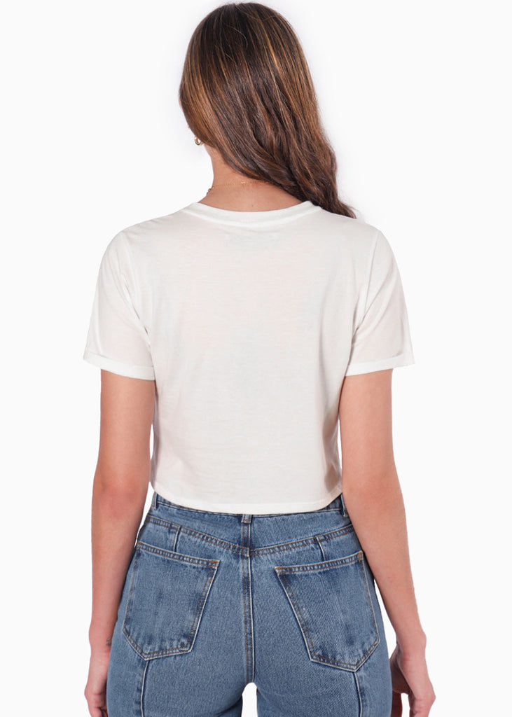 Camiseta crop con estampado "Paradis bleu" color blanco, marfil para mujer - Flashy