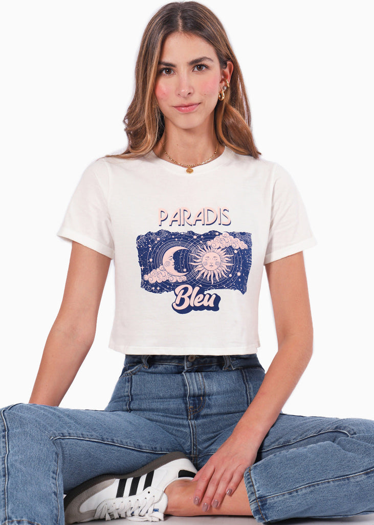 Camiseta crop con estampado "Paradis bleu" color blanco, marfil para mujer - Flashy