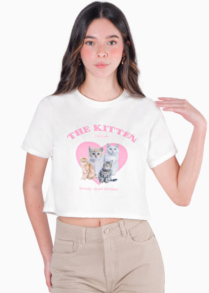 Camiseta crop con estampado "The Kitten Club" color marfil, blanco para mujer - Flashy
