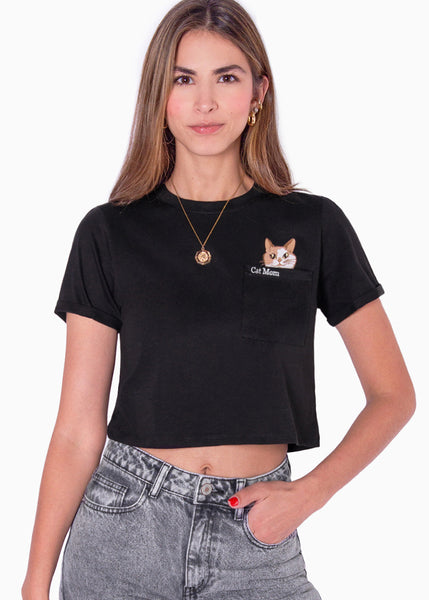 Camiseta crop estampada "Cat mom" color negro para mujer - Flashy