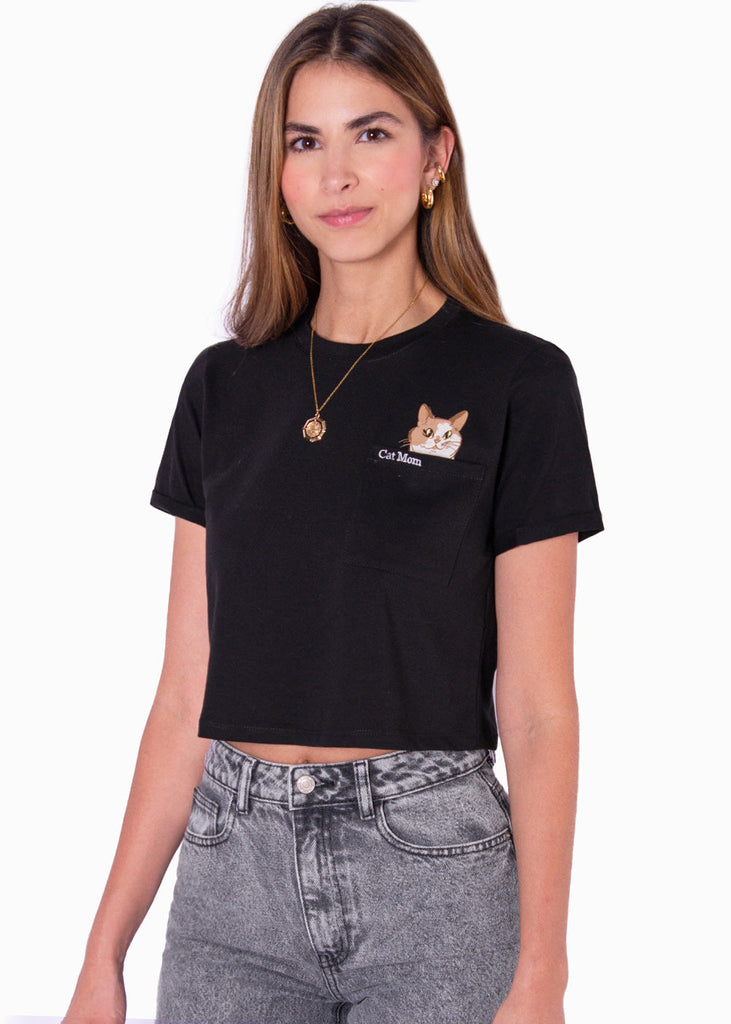 Camiseta crop estampada "Cat mom" color negro para mujer - Flashy