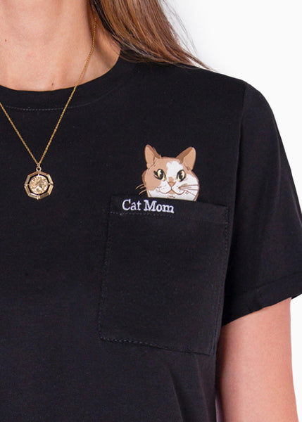 Camiseta crop estampada "Cat mom" color negro para mujer - Flashy