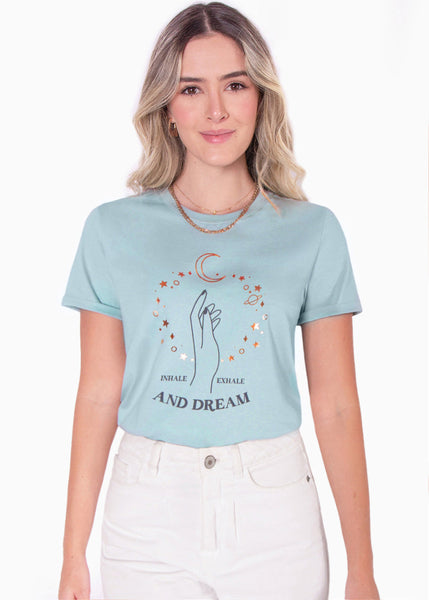 Camiseta estampada "Inhale, exhale and dream" color azul para mujer - Flashy