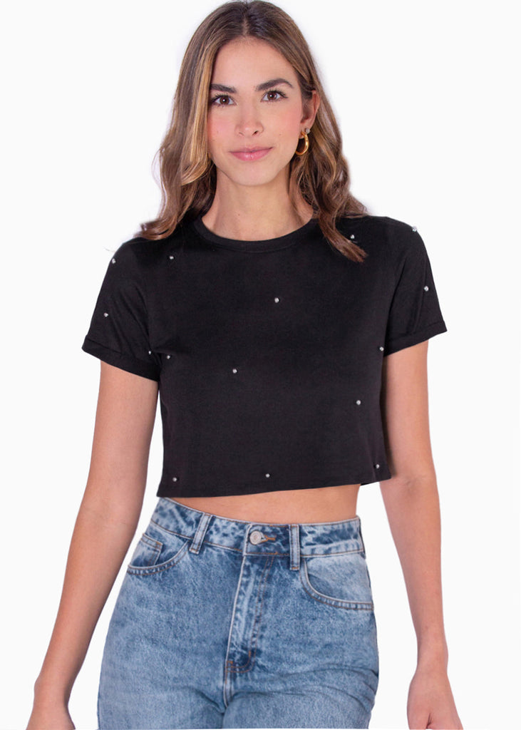 Camiseta crop manga corta con perlas color negro para mujer - Flashy