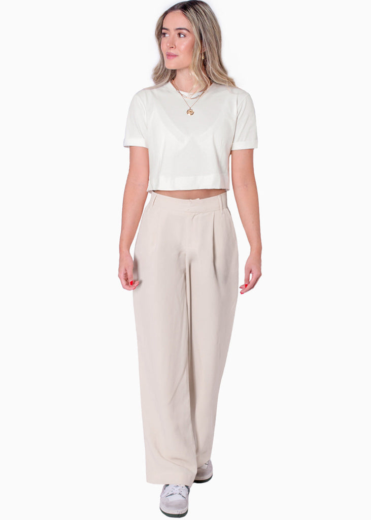 Camiseta crop manga corta color marfil para mujer - Flashy