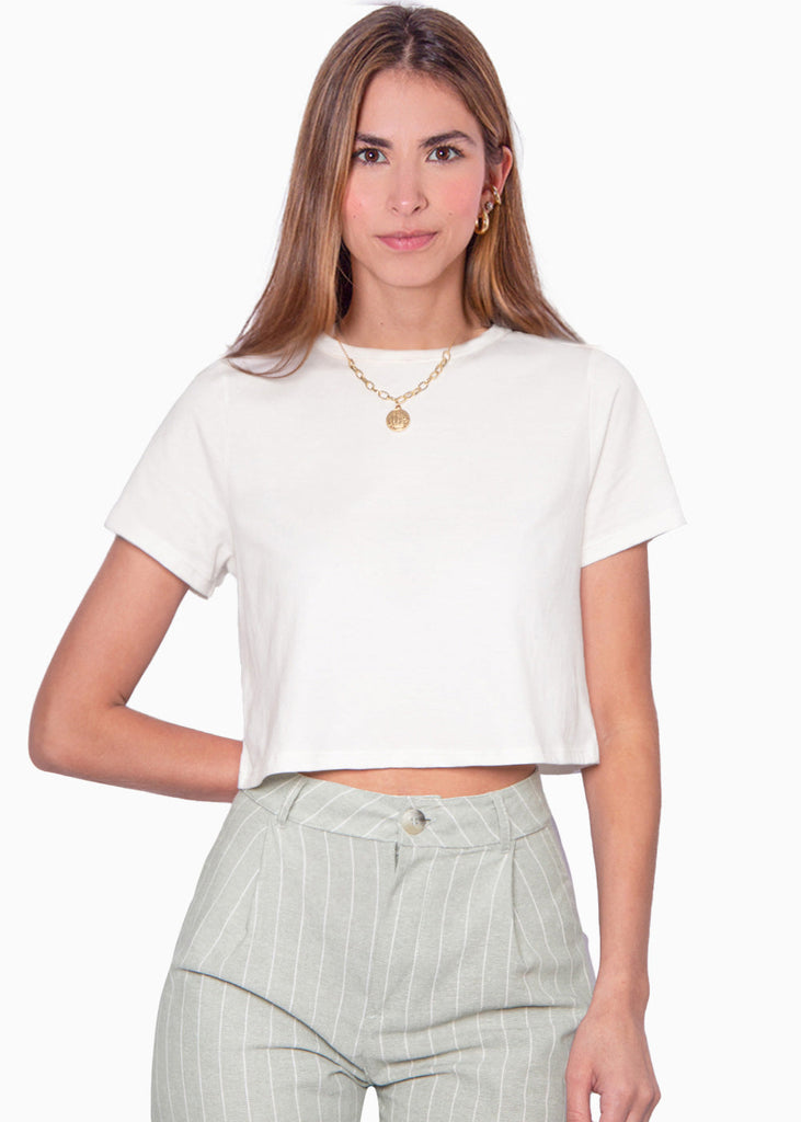 Camiseta crop manga corta color marfil para mujer - Flashy
