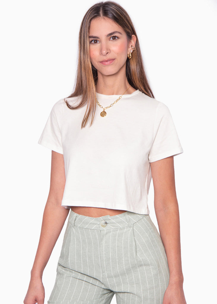 Camiseta crop manga corta color marfil para mujer - Flashy