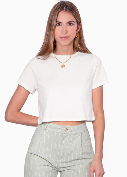 Camiseta crop manga corta color marfil para mujer - Flashy