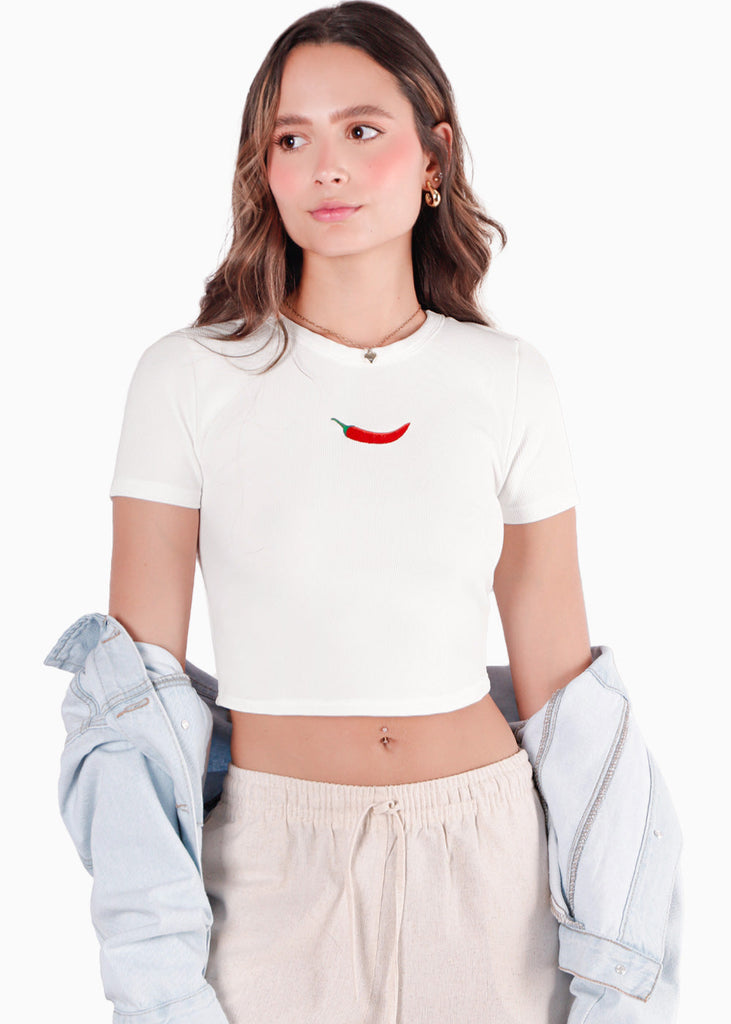 Camiseta crop y bordado color blanco, marfil para mujer - Flashy