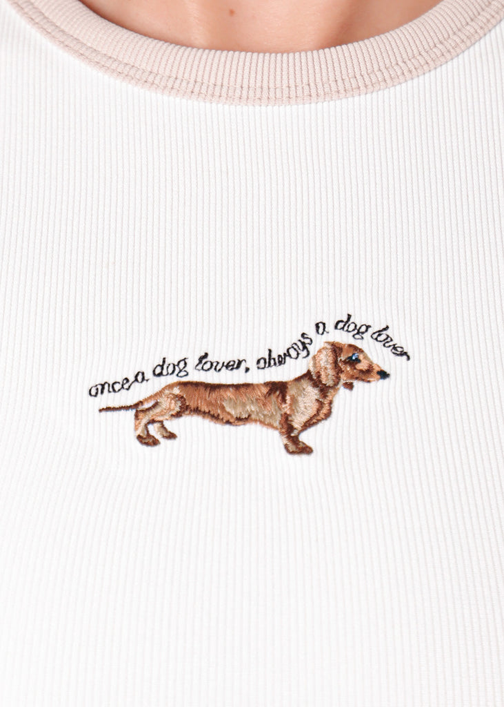Camiseta en contraste con bordado de perro color marfil, blanco para mujer - Flashy