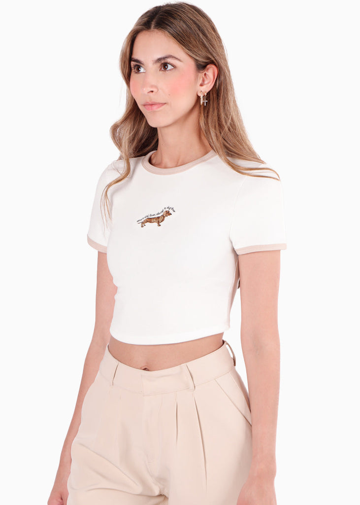 Camiseta en contraste con bordado de perro color marfil, blanco para mujer - Flashy
