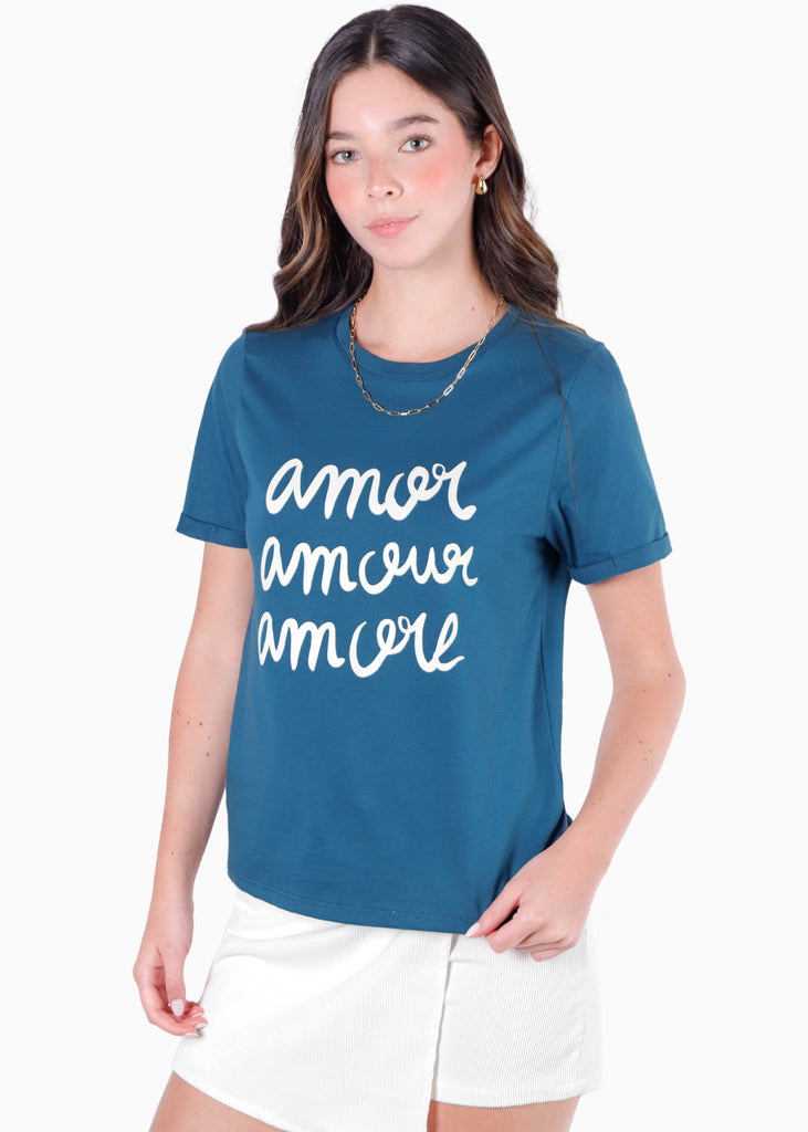Camiseta estampada "Amor Amour Amore" color azul para mujer - Flashy