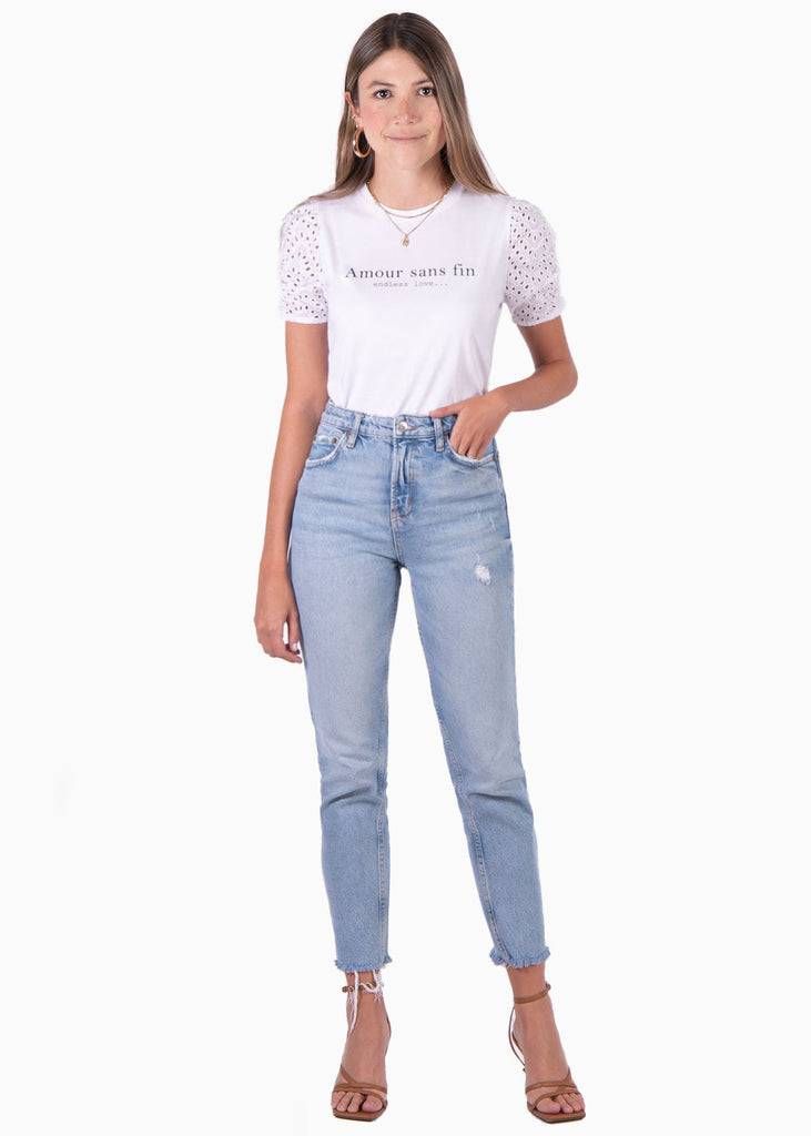 Camiseta estampada "Amour sans fin" con mangas de ojalillo para mujer - Flashy